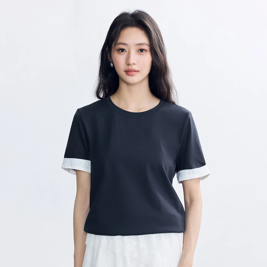 纯棉极简风撞色短袖T恤女2025夏季百搭宽松舒适休闲套头上衣女装