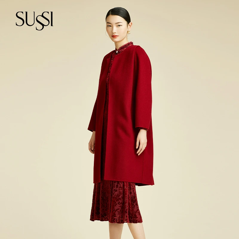 SUSSI/古色冬季新品商场同款酒红色圆领阔型中长款羊毛大衣外套