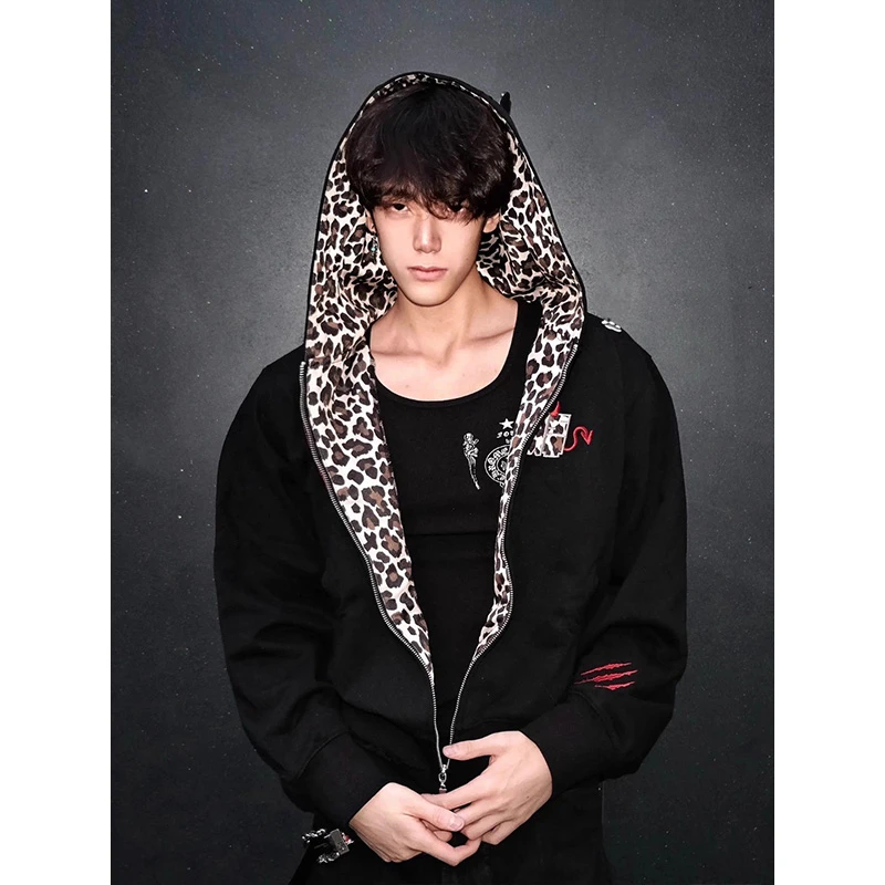 小恶魔豹纹连帽卫衣外套男款秋季重工刺绣设计感夹克cleanfit上衣