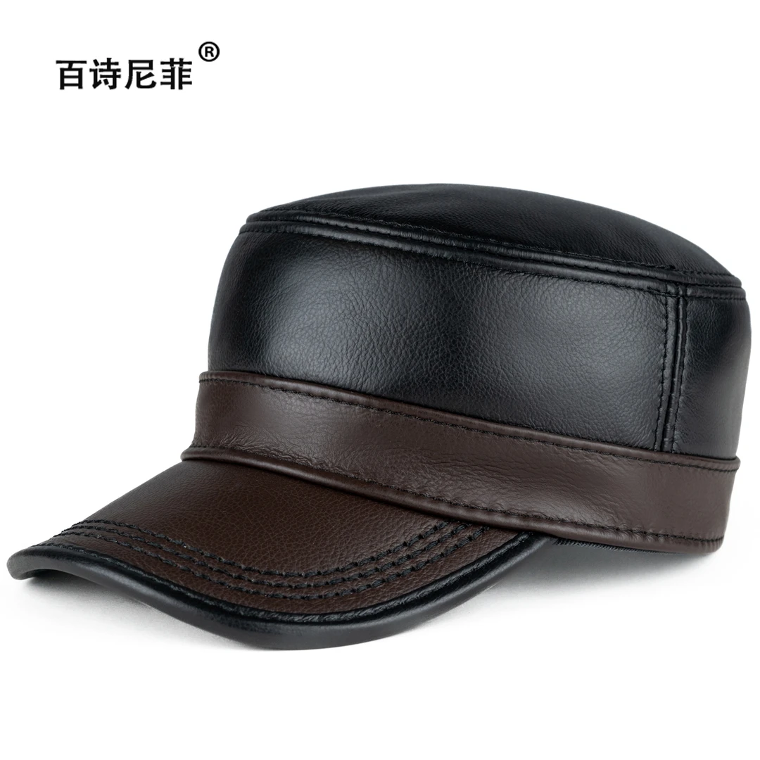 秋冬新款中老年人男士真皮帽子牛皮平顶帽真皮休闲拼色鸭舌爸爸潮
