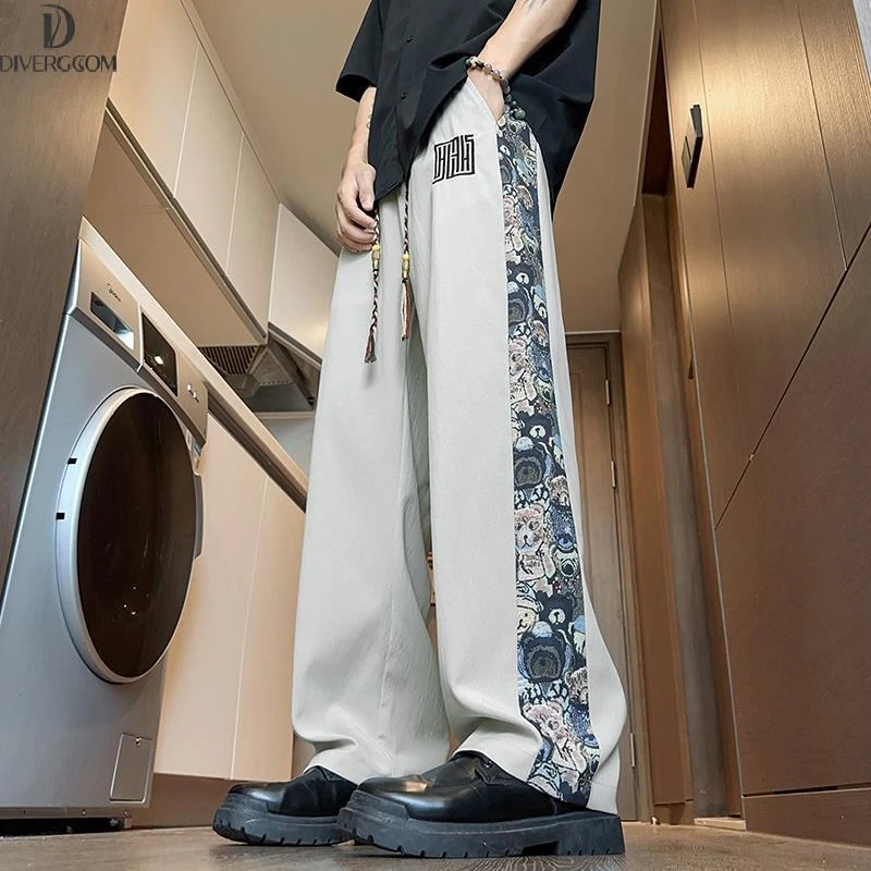 新中式裤子男款夏季国风宽松阔腿直筒卫裤运动垂感休闲长裤子