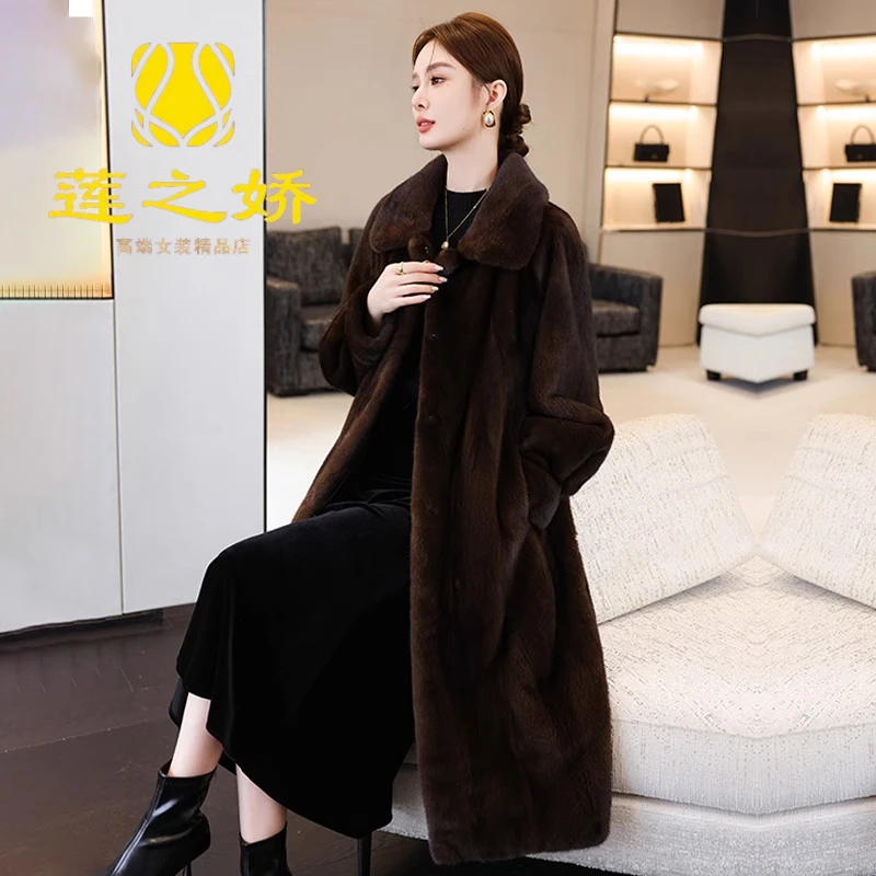 水貂毛皮草外套冬季新款女整貂裘皮天鹅绒貂皮大衣过膝