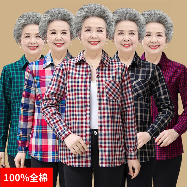 春夏款长袖妈妈格子衬衫全棉宽松大码中老年女式纯棉装衬衣上衣新