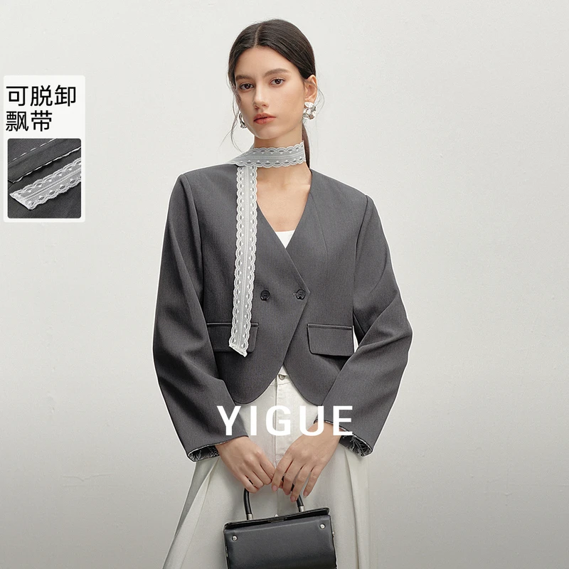 【品牌专柜】亦谷短款拼接蕾丝西装2025女新款职场风外套G5AAX100