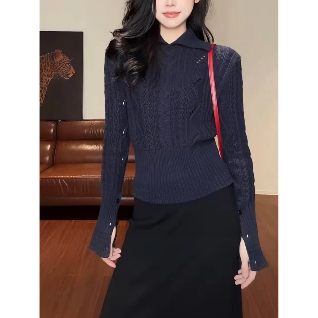 秋季翻领麻花下摆收腰显瘦百搭针织上衣毛衣女Y5325