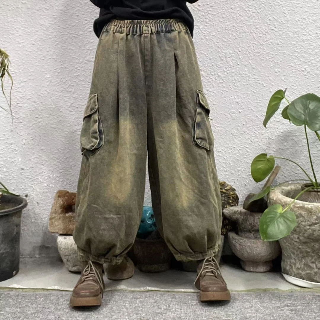 8860春两侧口袋加盖内抽绳炒色灯笼牛仔裤（长83臀围150脚口46