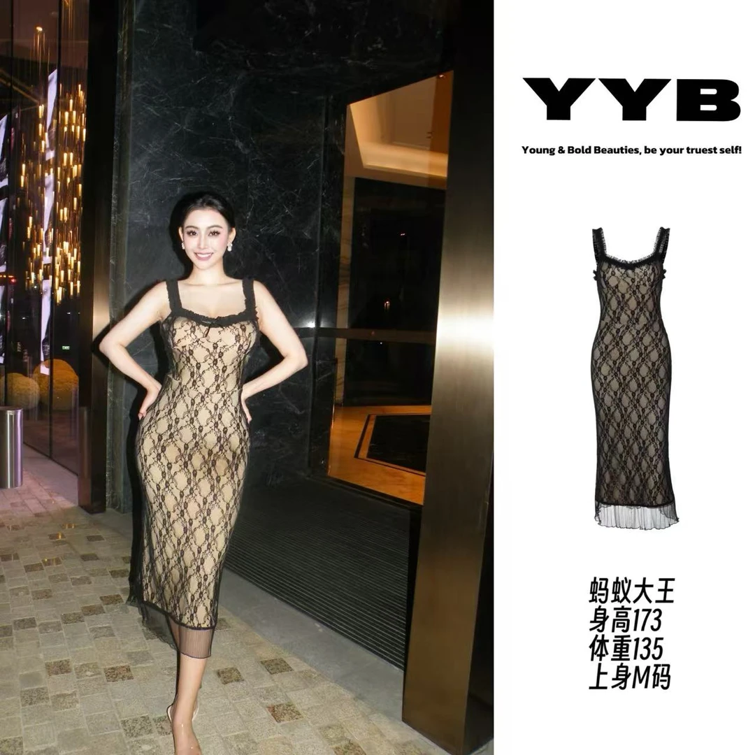 YYB大码复古性感蕾丝细节胸前结御姐风中款吊带连衣裙女