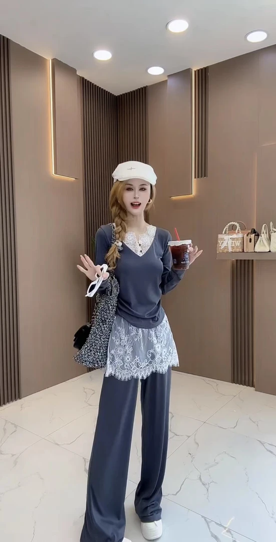 2025秋季新款时尚慵懒风蕾丝拼接长袖上衣休闲百搭阔腿裤两件套潮