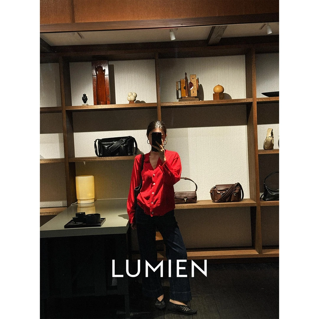 【LUMIEN】极简风V领亚麻休闲红色上衣时尚百搭防晒开衫LX5ESS11