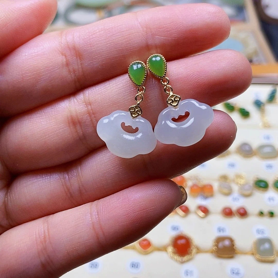 和田玉耳饰银S925镶嵌