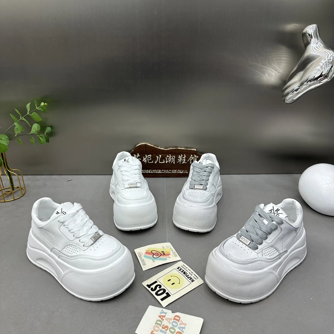 MANGNIER/真皮系带做旧小白鞋韩版娃娃大头面包鞋厚底增高休闲鞋