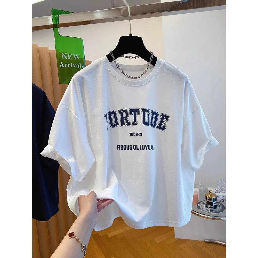 胖妹妹240斤大码钉珠字母印花t恤女短袖2025夏季新款宽松休闲上衣