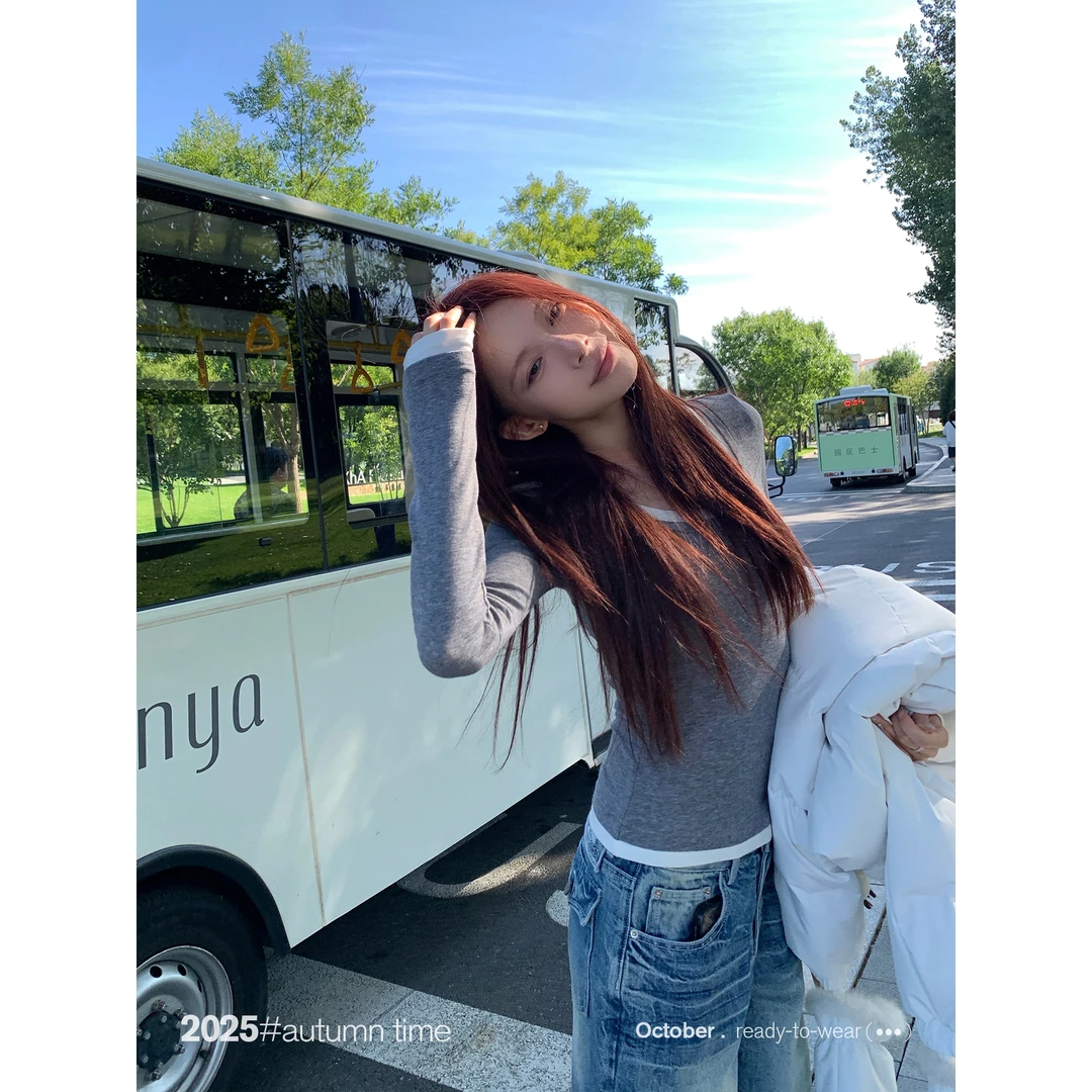 SUNONEONE 天丝羊毛圆领撞色长袖T恤女秋季修身收腰上衣H1485C