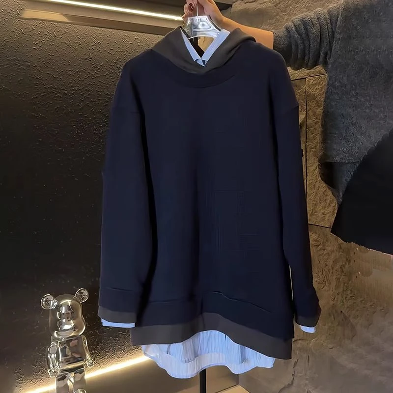 早春系列新款男装藏青色拼接假两件宽松版型纯色卫衣天发货商务休