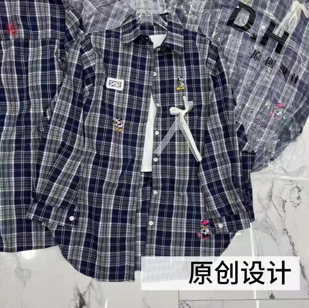 春夏新款米奇刺绣立体蝴蝶结格纹长袖衬衫时尚百搭