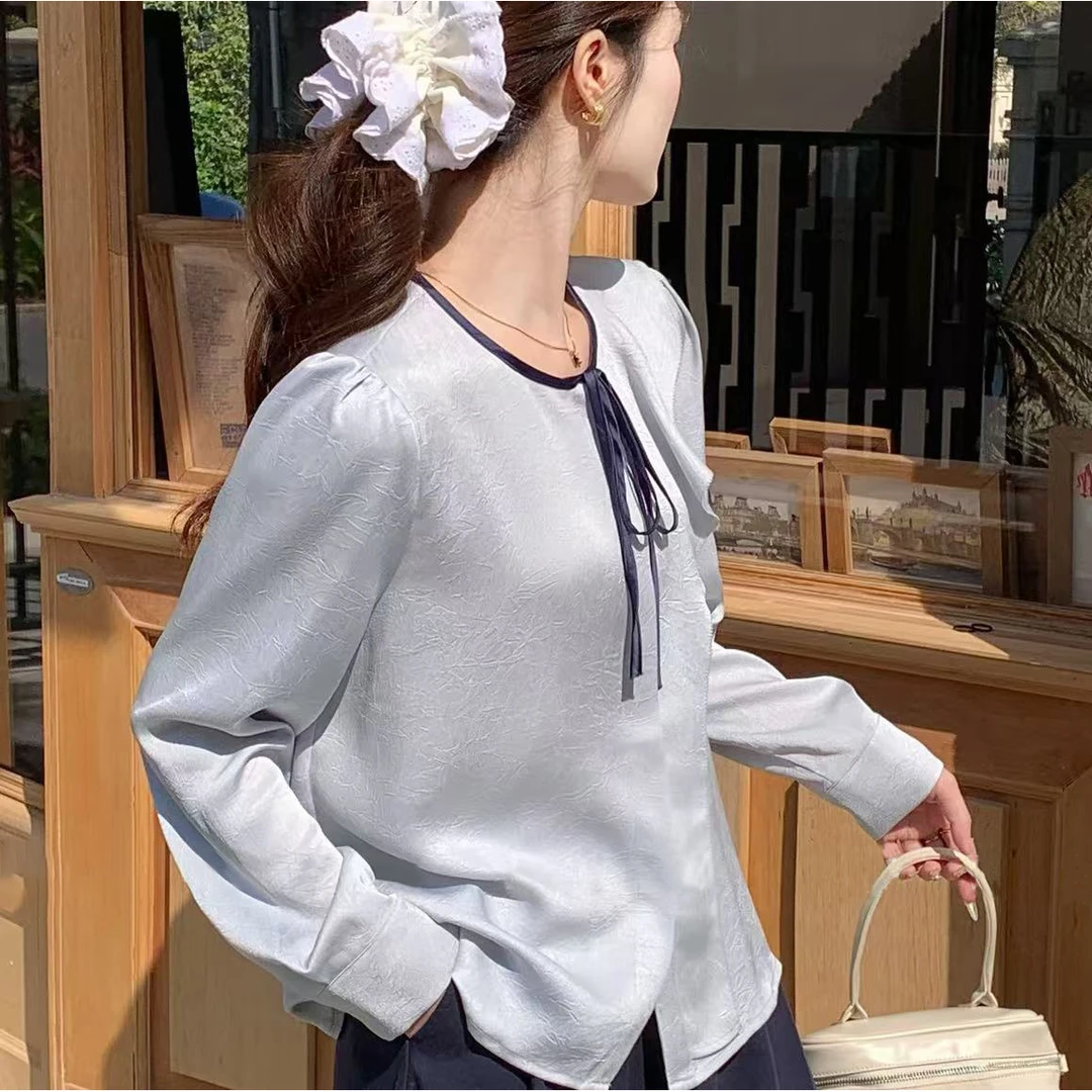 502202 2025新款法式荷叶边拼色系带圆领衬衫