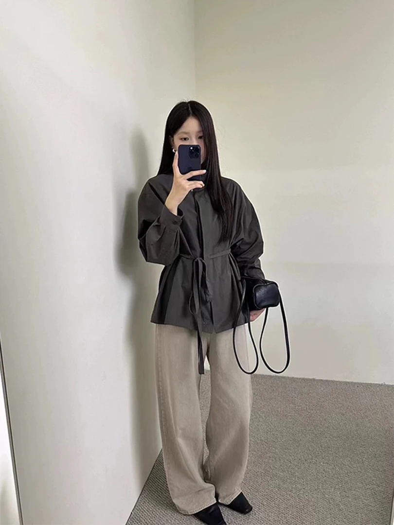 【灰绿抽绳收腰衬衫】高品必备衬衫