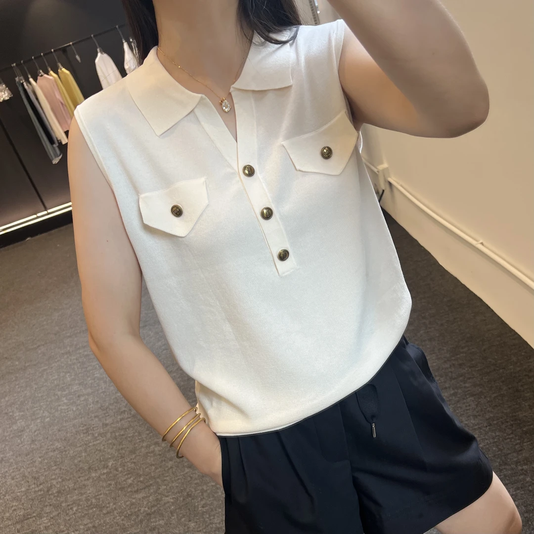 【法式气质V领】新款POLO衫轻奢韩版时尚百搭针织无袖上衣80077