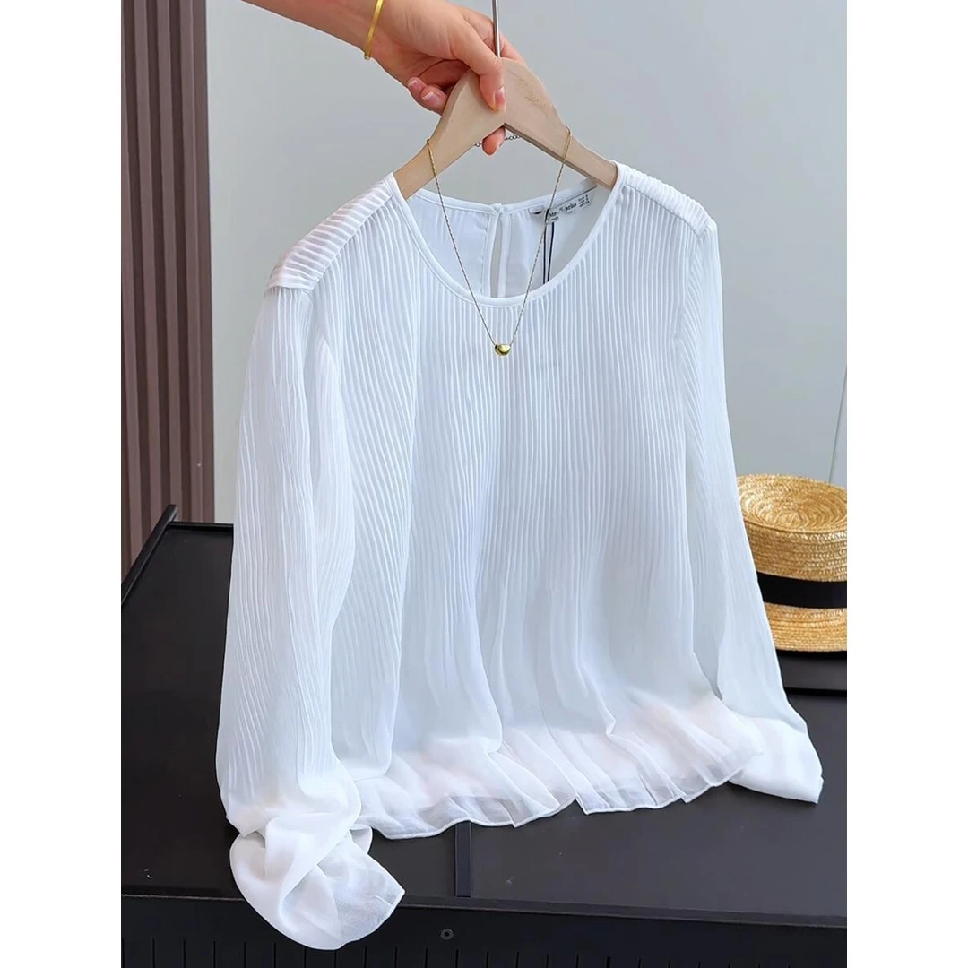 纯色圆领压褶薄款双层上衣夏季2022长袖百搭空调衫女式雪纺衫