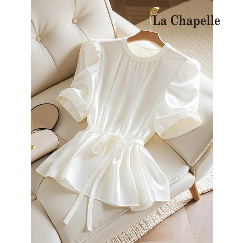 拉夏贝尔白色泡泡短袖衬衫女夏季设计感独特漂亮雪纺收腰小衫上衣