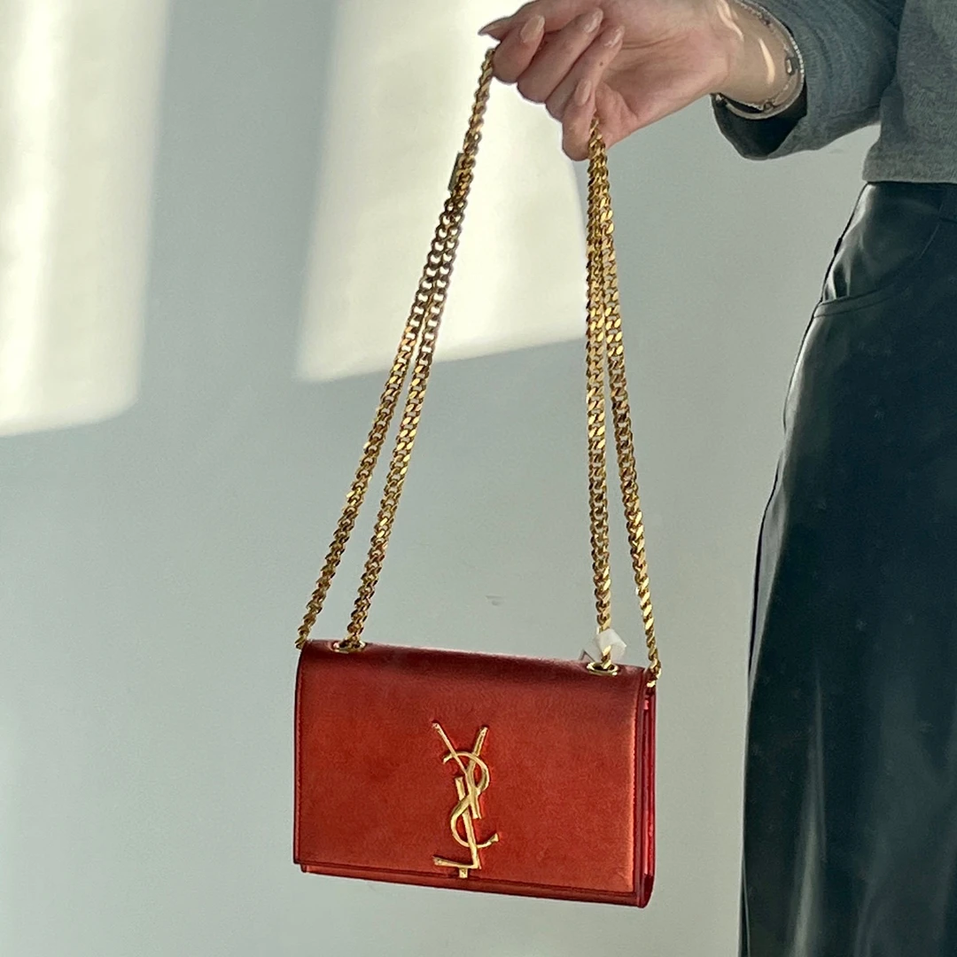 95新 YSL/圣罗兰 ysl珠光红金扣kate斜挎包