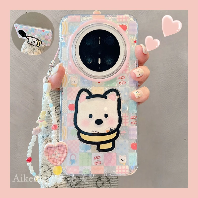 适用华为mate70pro+手机壳彩色格纹mate60pro+西高地摇摇乐支架女
