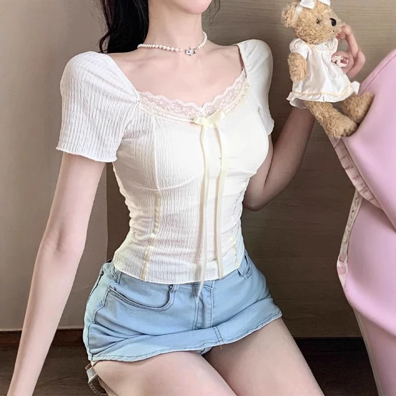 法式甜辣妹方领短袖t恤女夏季蕾丝花边收腰半袖性感修身短款上衣