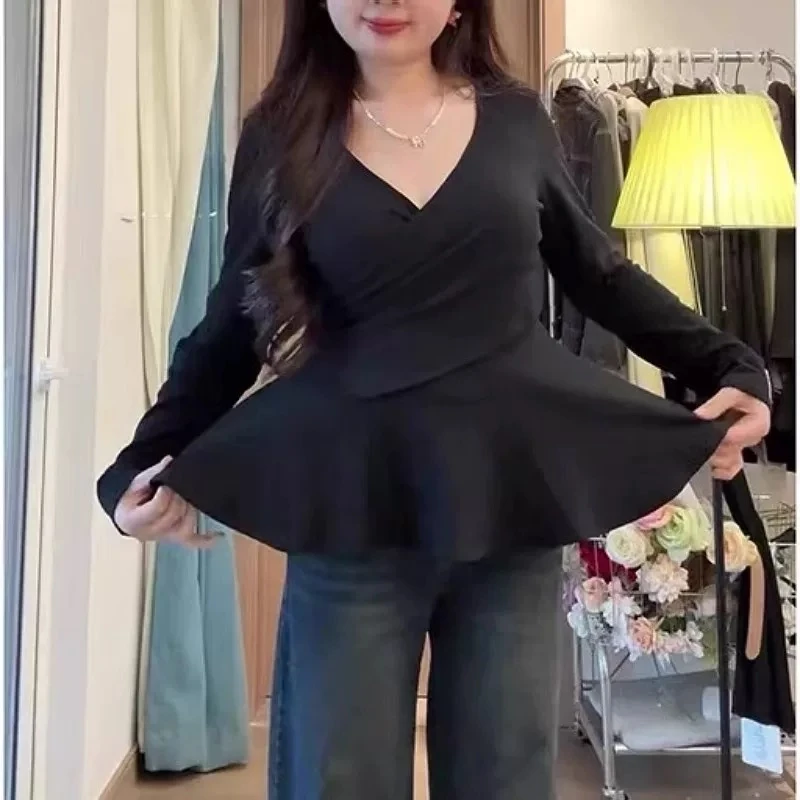 大码微胖mm纯欲风蕾丝V领遮肚子长袖T恤女春秋荷叶边收腰显瘦上衣