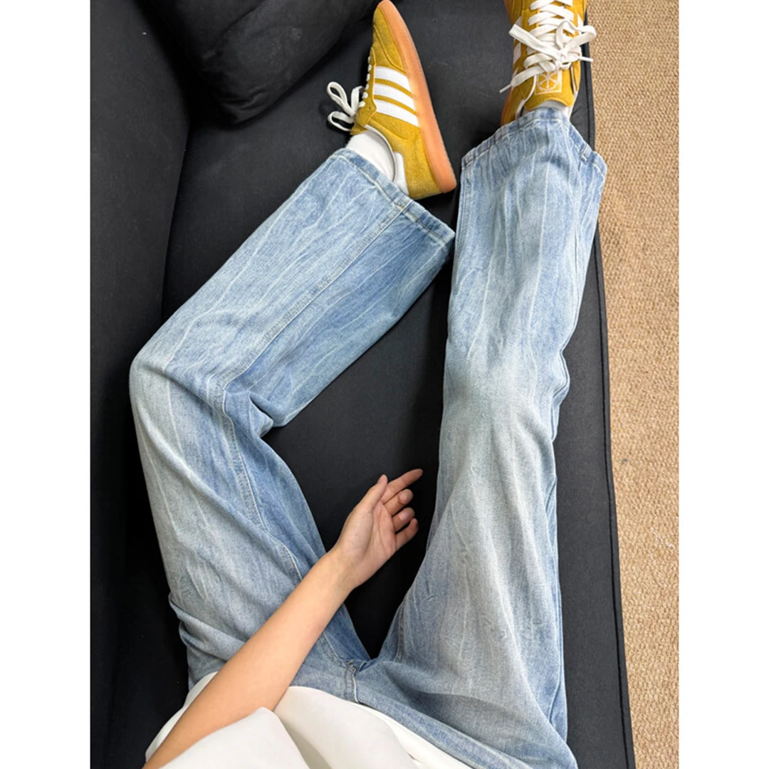 冰蓝色闪电纹水洗牛仔裤男款美式高街vibe裤子修身显瘦直筒微喇裤