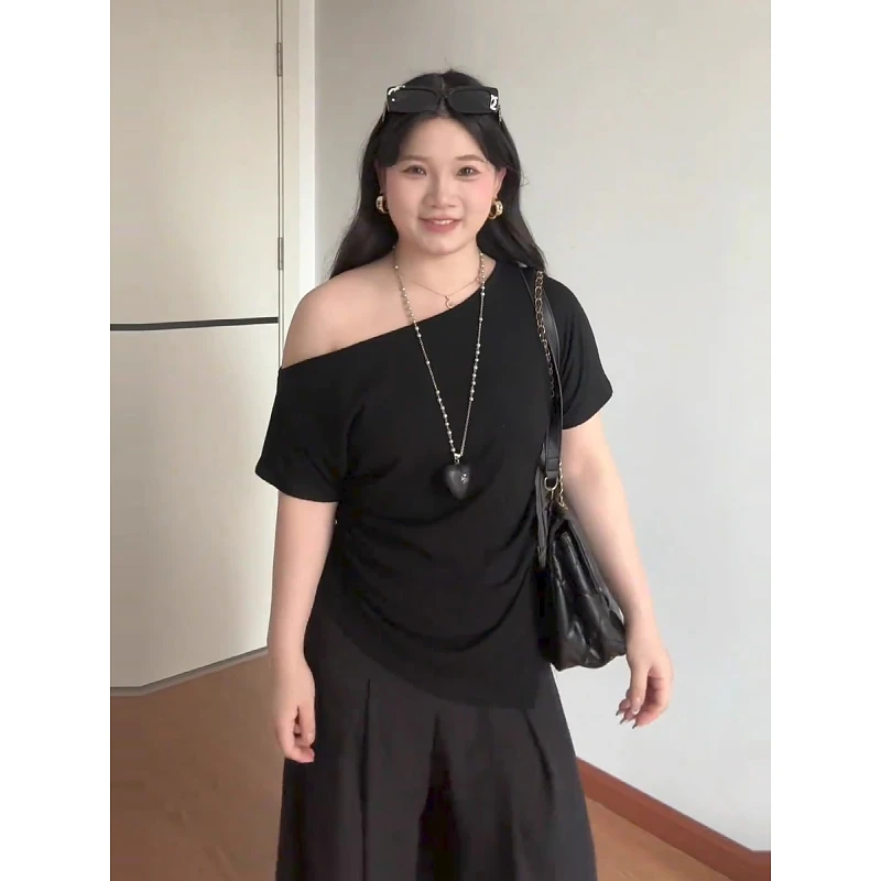 大码美式辣妹不规则短袖T恤女夏季微胖mm修身显瘦休闲基础款上衣