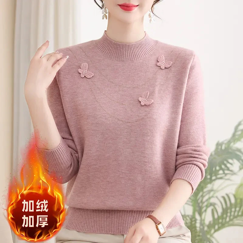 妈妈装加绒加厚打底衫半高领秋冬毛衣新款中老年针织宽松洋气上衣