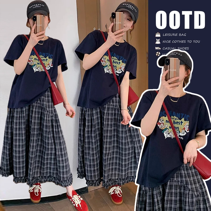时髦夏装新款蓝色短袖卡通字母印花上衣加复古格子半身裙孕妇套装