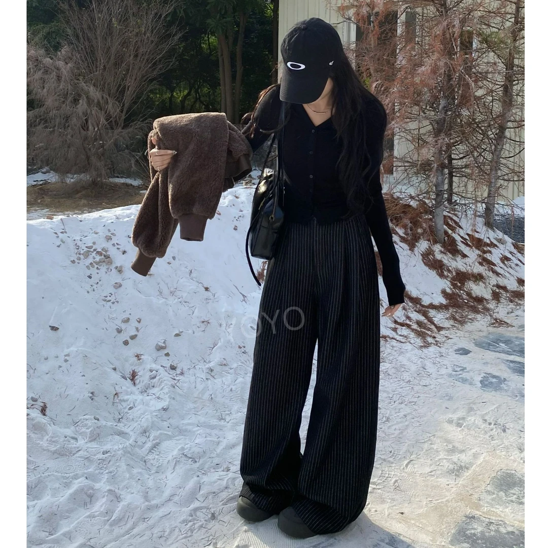 YOYO自制【条纹阔腿】厚绒冬款显瘦宽松气质水洗牛仔阔腿裤