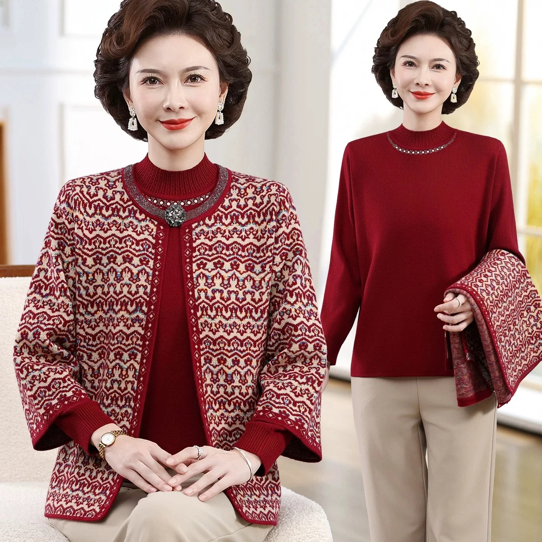 妈妈装秋套装洋气外套针织衫上衣50多岁中老年女装时尚两件套衣服