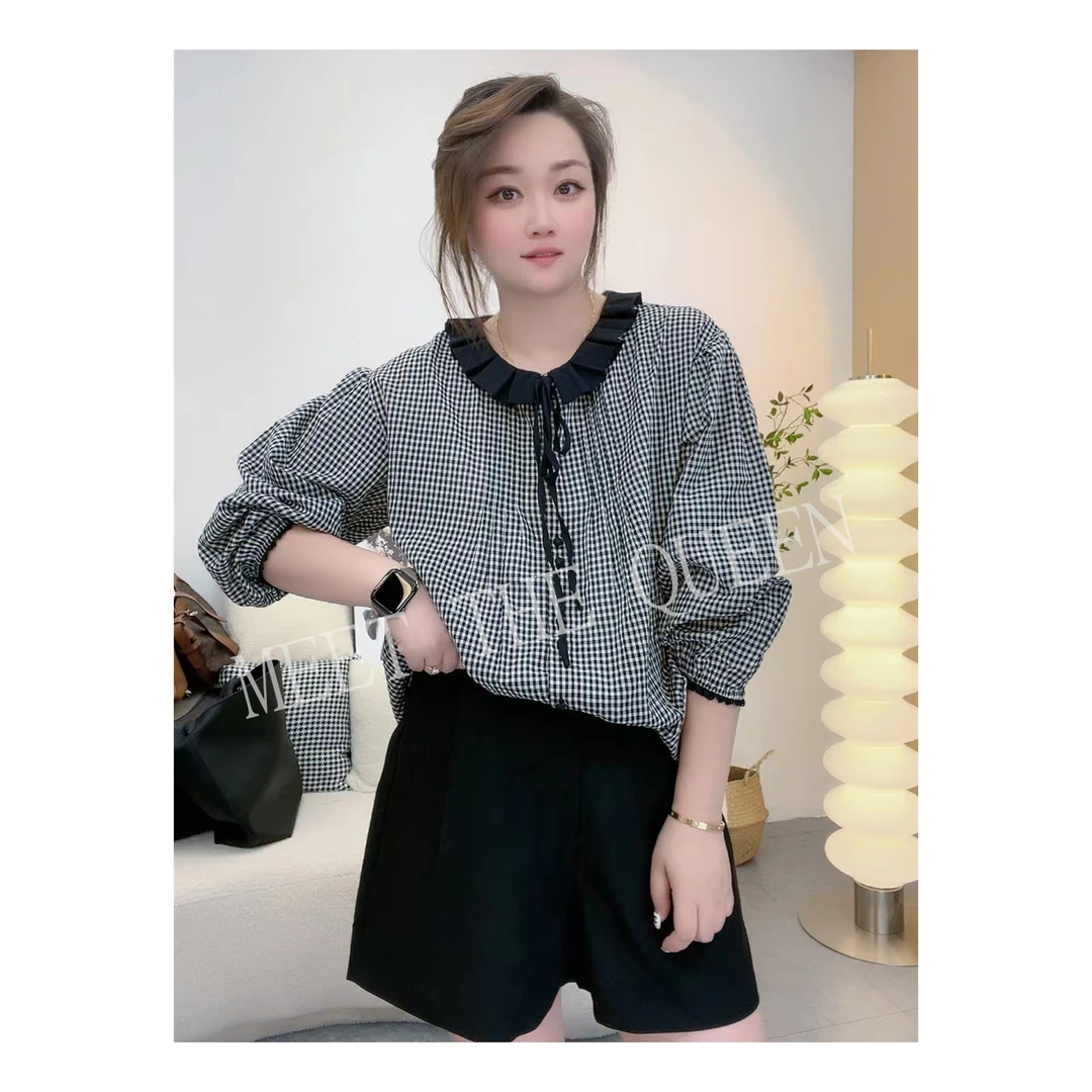 【女王洛克】简约显瘦花边领口格子长袖上衣格子衬衫