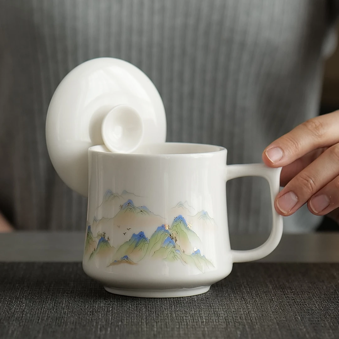 羊脂玉陶瓷茶杯办公室个人专用马克杯带盖白瓷杯子家用水杯伴手礼