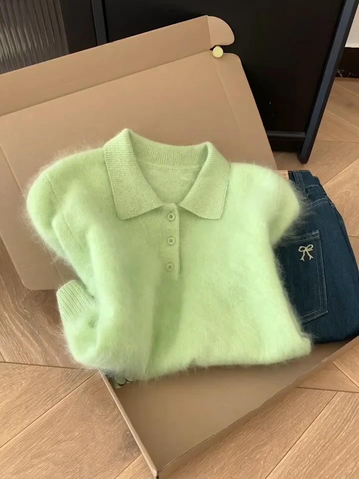 韩系薄荷曼波绿针织衫短袖毛衣女士polo领上衣2025新款秋季穿搭
