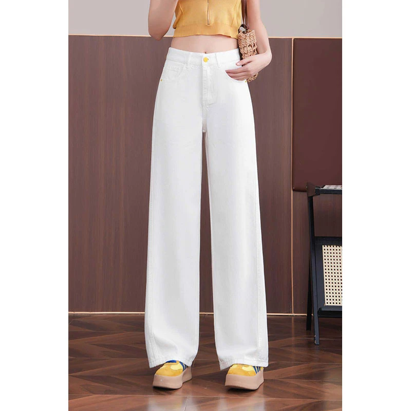白色窄版阔腿牛仔裤女2025新款夏季薄款高腰显瘦休闲垂感直筒裤