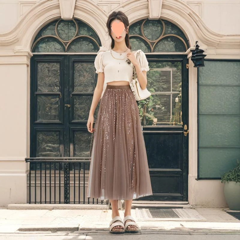 网纱亮片半身裙星空感女夏季新款高腰显瘦百褶裙中长款a字纱裙