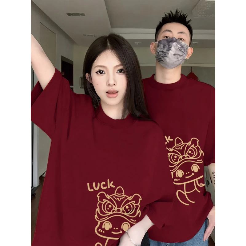 GIOIO醒狮蛇年酒红纯棉短袖t恤2025本命年半袖情侣装夏季喜庆上衣