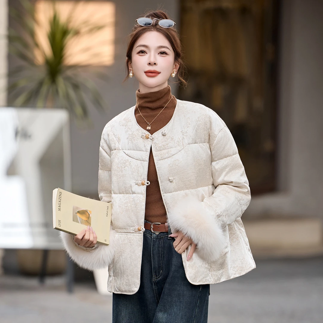 VONSRMAN毛袖口提花羽绒服女冬季2025新款时尚轻薄加厚宽松短外套