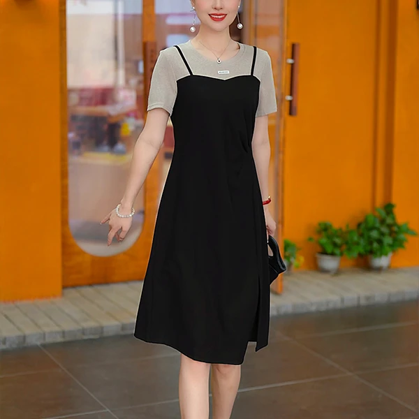 夏季新款显瘦遮肉假两件连衣裙女2025洋气时尚减龄开叉中长款裙子