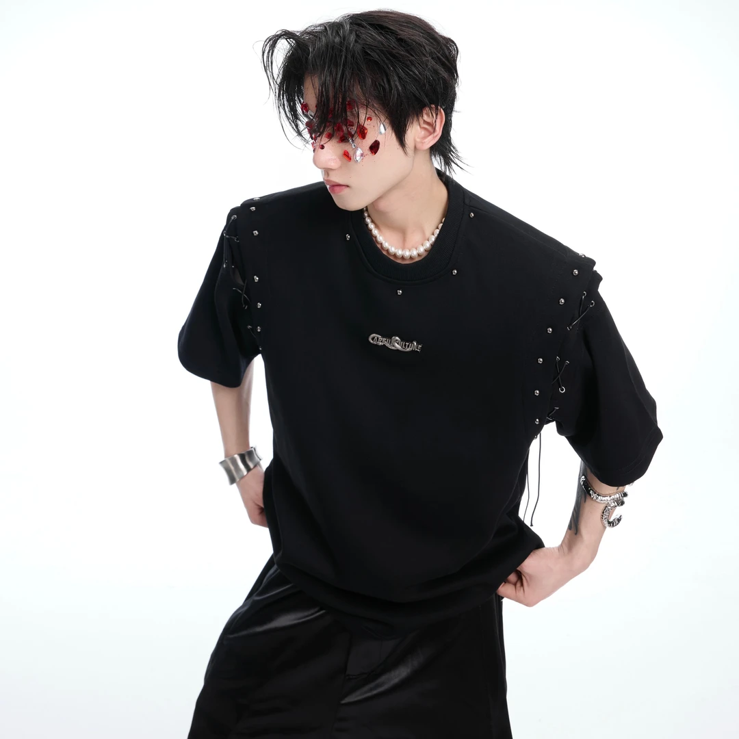 ArguE CulturE小众解构绑带镂空短袖T恤蛇形缠绕金属点缀半袖男女