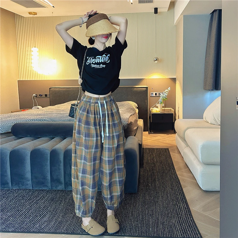 格子裤子夏季复古休闲裤女2025新款韩版显瘦宽松阔腿裤哈伦九分裤