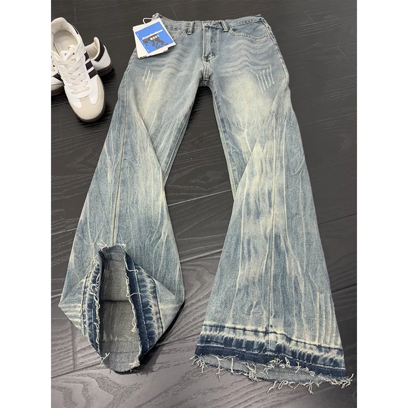 美式复古蓝猫爪痕水洗牛仔裤男款cleanfit显瘦裤子修身直筒微喇裤