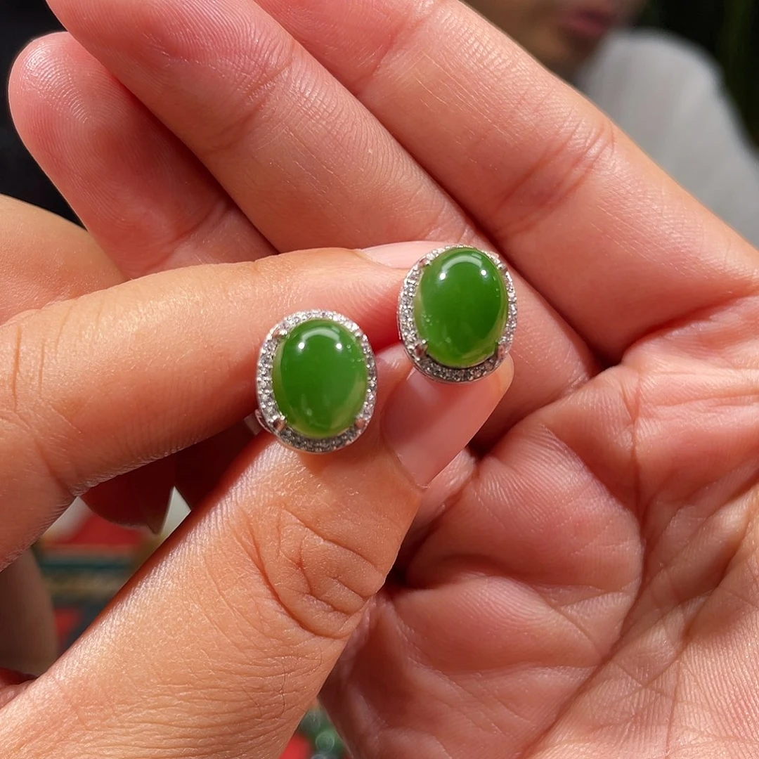 和田玉银S925镶嵌耳饰