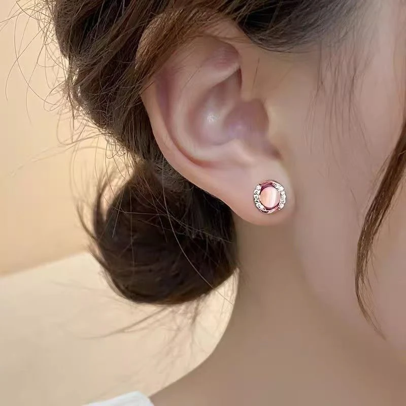 合金树脂耳饰 法式镂空圆形猫眼石耳钉小巧精致圆圈耳饰