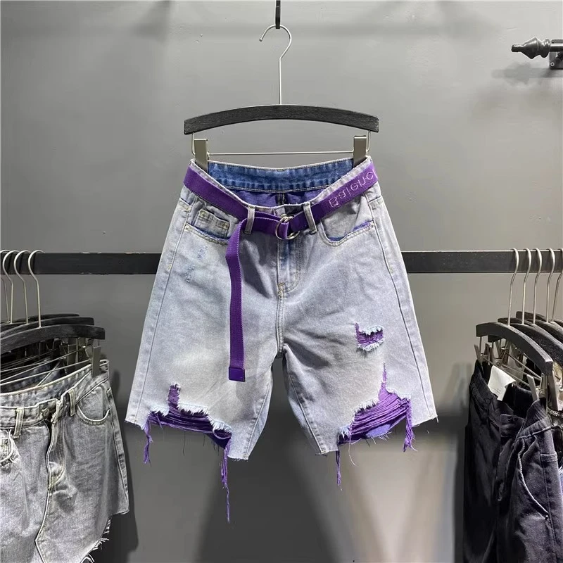 欧洲站2025夏季新款洋气彩色乞丐破洞牛仔裤女高腰显瘦阔腿五分裤