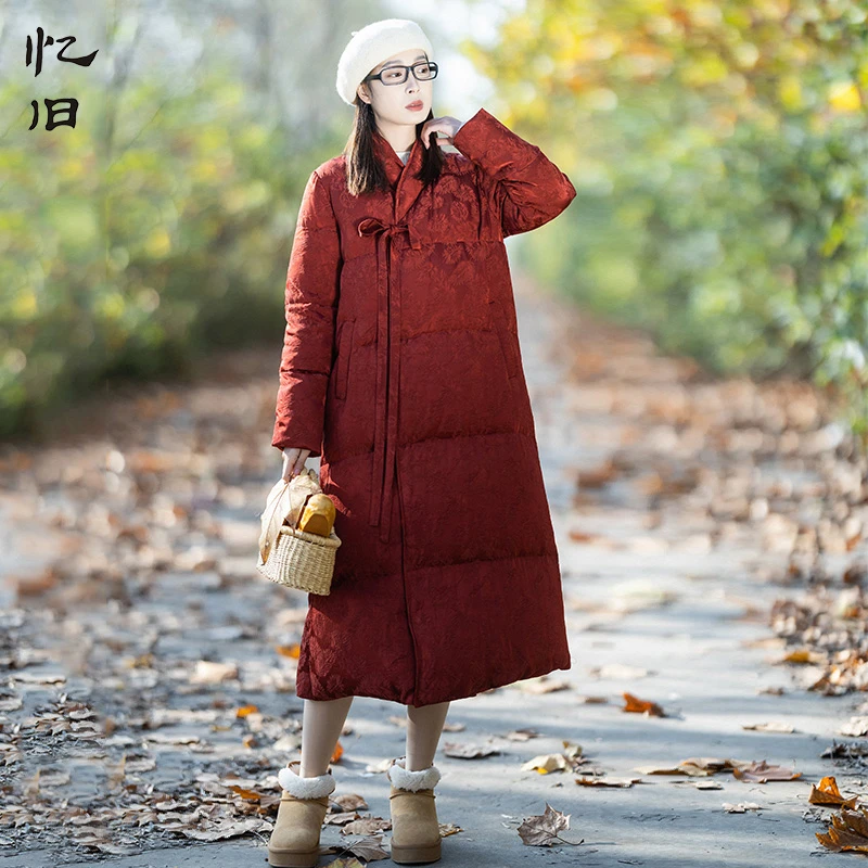 【朱颜长安】冬季文艺系带羽绒服女长款仿真丝提花加厚过膝白鸭绒