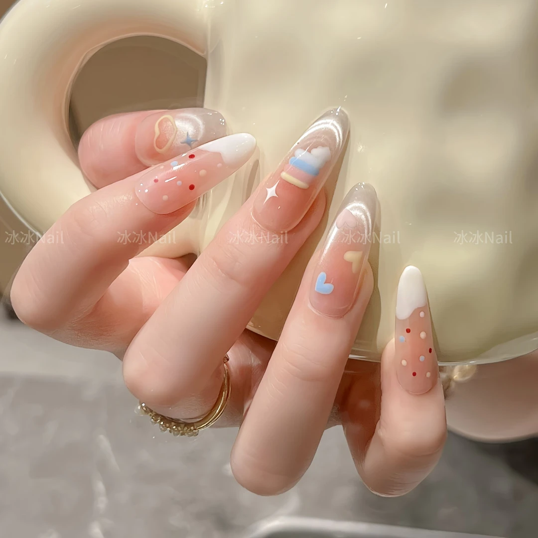 【彩虹多巴胺】小清新猫眼穿戴甲纯手工彩绘爱心波点美甲贴